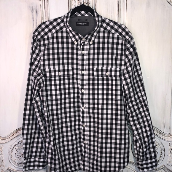 Men’s Kenneth Cole Black and White Gingham Check Button Down Dress Shirt Size L - Picture 1 of 9